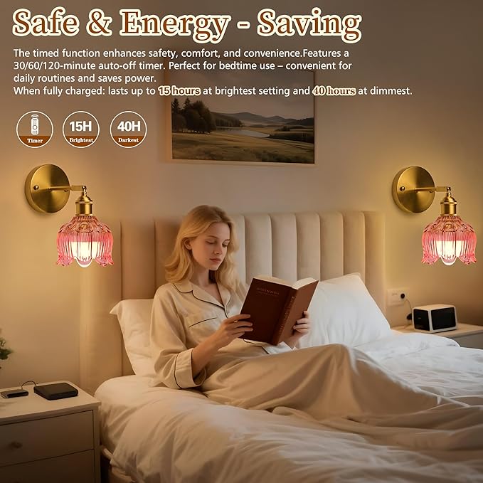 Battery Operated Wall Sconce with Remote Control,Vintage Wall Sconce with Flower lampshade and Timer,Rechargeable Battery Wall lamp Wall Lights with 15 Colors for Bedroom Living Room Doorway,Pink