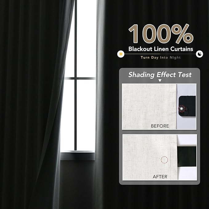 Linen Black Out Curtains 96 Inch Long Grommet Living Room Darkening Window Curtain Panel Extra Long Natural Earth Tone Farmhouse Style Thermal Insulated Blackout Curtains for Bedroom 96 Inches Long