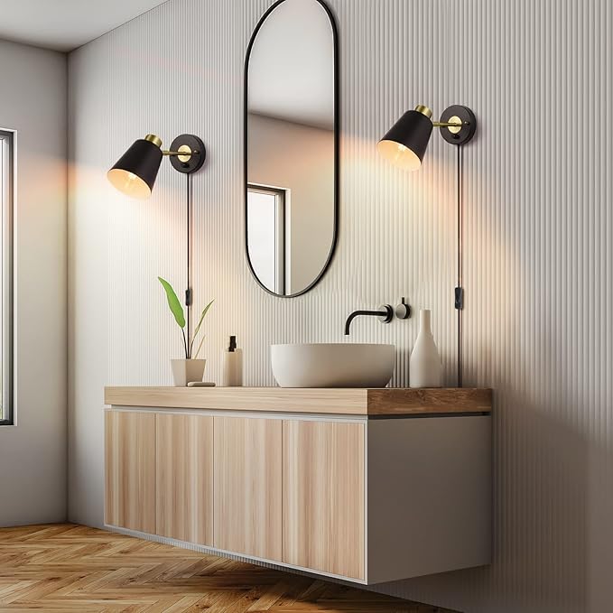 Wall Sconce Plug in, Dimmable Wall Sconces Adjustable Wall Lights with Plug in Cord and Dimmer On/Off Rotary Switch, Wall Mounted Light for Bedside Bedroom LivingRoom(2 Bulbs Included)