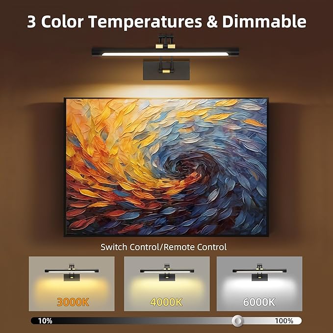 16“ Picture Lights for Wall Battery Operated, Wireless Picture Light with Remote, Rechargeable Wall Light 3000K/4000K/6000K Dimmable, Art Lighting for Paintings Frame Gallery Dartboard, Black Gold