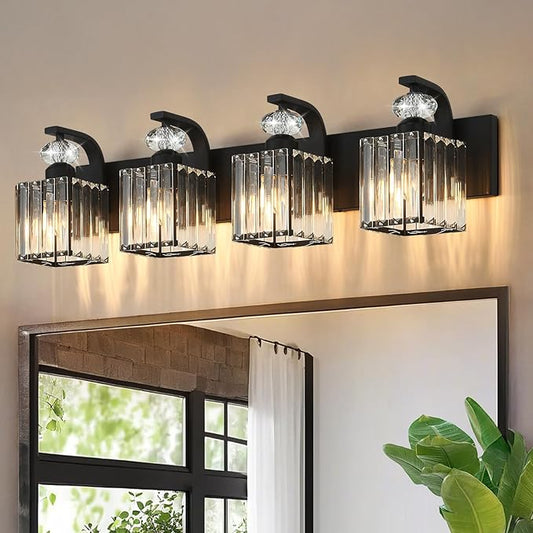 Modern Bathroom Vanity Light, 4-Light Black Bathroom Lighting Fixtures Over Mirror, 28.4" Crystal Wall Light Sconce for Bathroom/Bedroom/Vanity, Includes LED Bulbs, Easy Installation