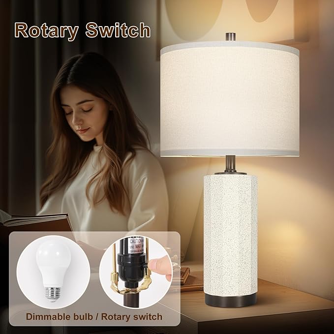 Scenekoy 23” Table Lamp Set of 2 for Bedroom Living Room, Rotary Switch Ceramic Bedside Lamp with White Linen Shade, Dimmable Nightstand Lamps for Room Office Hotel Dorm (Bulb Included)