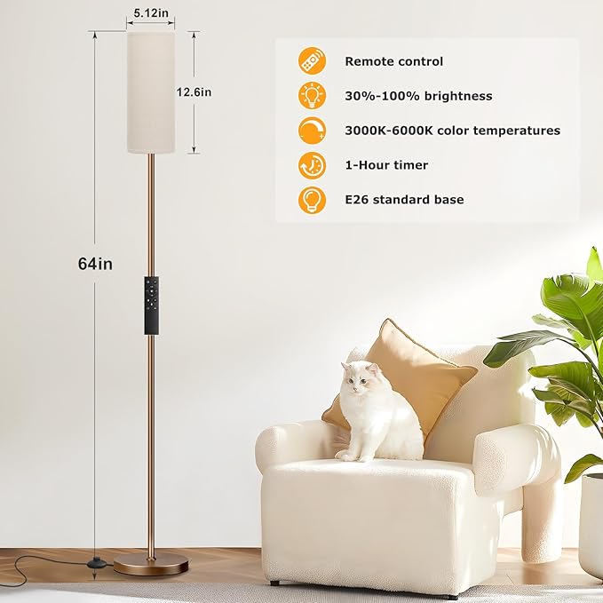 Ambimall 64'' Floor Lamps for Living Room with Remote Control and Stepless Dimmable Colors Temperature & Brightness, 9W Bulb Included(Beige Lampshade & Brown Pole)