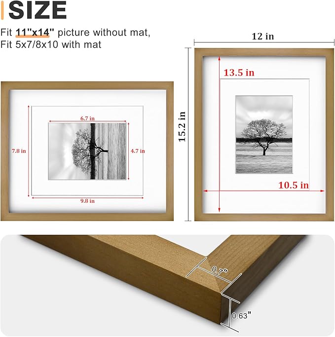 Egofine 11x14 Picture Frames 4 Pack Display Pictures 5x7/8x10 with Mat or 11x14 Without Mat Made of Solid Wood Covered by Plexiglass for Table Top Display and Wall Mounting Photo Frame, Light Brown