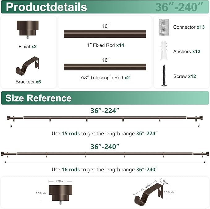 Extra Long Curtain Rods 120 to 240 Inch(10-20ft),1Inch Bronze Adjustable Extra Long Curtain Rod,Heavy Duty Decorative Window Curtains Rod for Bedroom,Long Curtain Rods 120-240