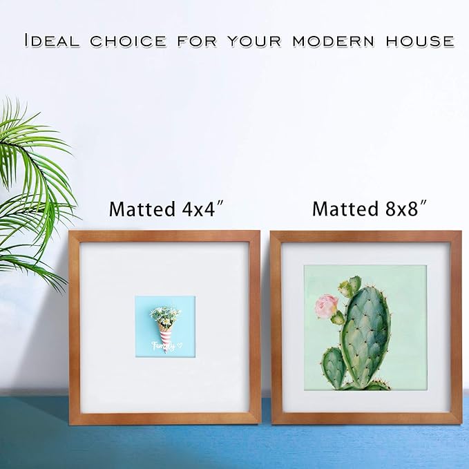 Egofine 11x11 Picture Frames 4 Pack Covered by Plexiglass, Display Pictures 8x8 with Mat or 11x11 Without Mat Made of Solid Wood for Table Top Display and Wall Mounting Photo Frame, Light Brown