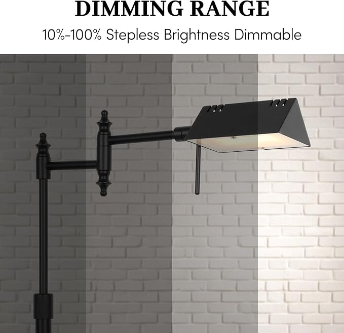 Dimmable Pharmacy Floor Lamp with Remote, 15W LED Reading Floor Lamp with 360°Swing Arm, 3 Color Temperature, Height Adjustable Black Standing Task Lamp for Living Room, Bedroom, Black