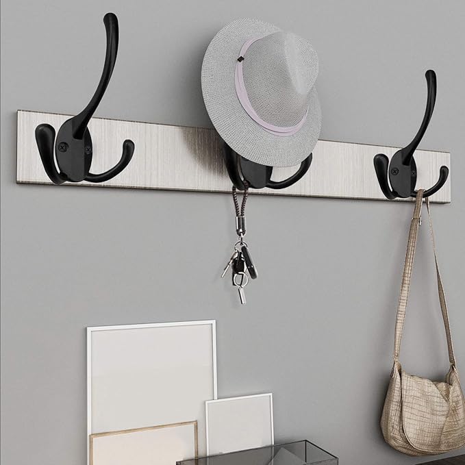 IBosins 6 Pack Big Heavy Duty Three Prongs Coat Hooks Wall Mounted with 24 Screws (Two Types of Screws Included) Retro Double Utility Rustic Hooks for Thick Coat, Big Heavy Bags (6 Pack)