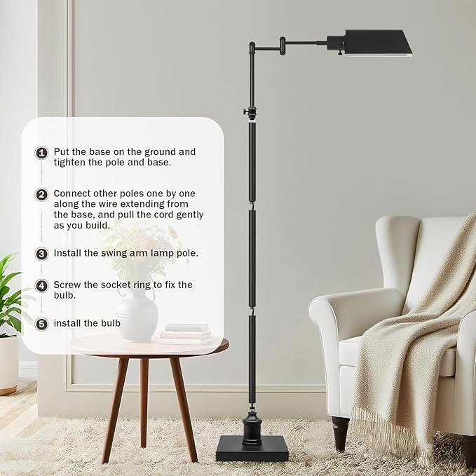 GyroVu Traditional Height Adjustable Pharmacy Floor Lamp with 350° Swing Arm, 3 Color Temperature Adjustable Standing Lamp Metal Shade for Living Room Reading House Bedroom Home Office(Black)