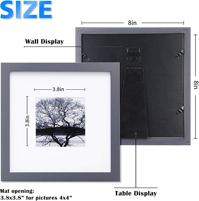 Egofine 8x8 Picture Frames 4 Pack for Picture 4x4 with Mat or 8x8 whitout Mat Made of Solid Wood Covered by Plexiglass for Table Top Display and Wall Mounting Photo Frame, Dark Gray
