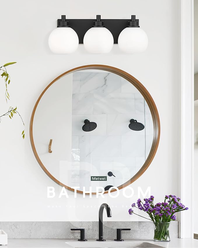 Bathroom Light Fixtures, 3-Light Matte Black Vanity Light, Modern Wall Sconces with Milk White Globe Glass Shade, Vanity Lighting Fixtures Over Mirror, VL195-MB-ML-3