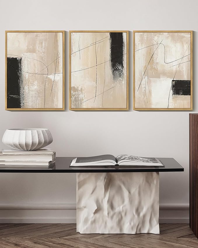 KUVIOKE Abstract Framed Wall Art Minimalist Beige Pastel Watercolor Neutral Wall Decor Modern Black Line Art Painting Home Decor 12x16in (Natural Framed)