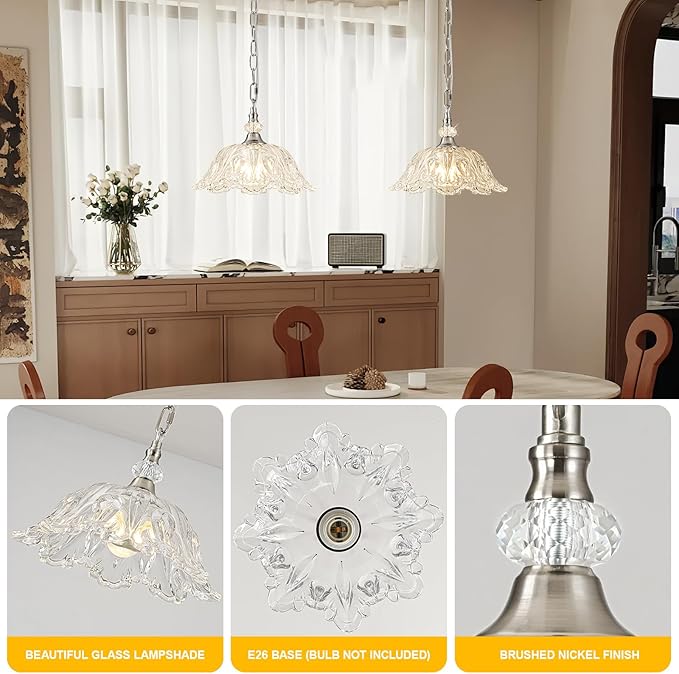 1 Piece Brushed Nickel Chandelier Light Fixtures with Crystal Glass Shade,Brushed Nickel Finish Pendant Light,Hanging Light for Dining Room,Hallway,Living Room,Bedroom
