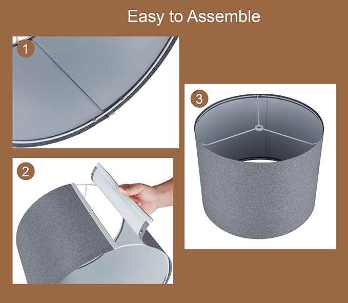 Drum Lampshades Set of 2, Natural Linen Lampshade 13" x 13" x 10" High, Easy Assembly Replacement Fabric Lampshades for Table Lamps Floor Lamps, Gary Color, Spider Fitter