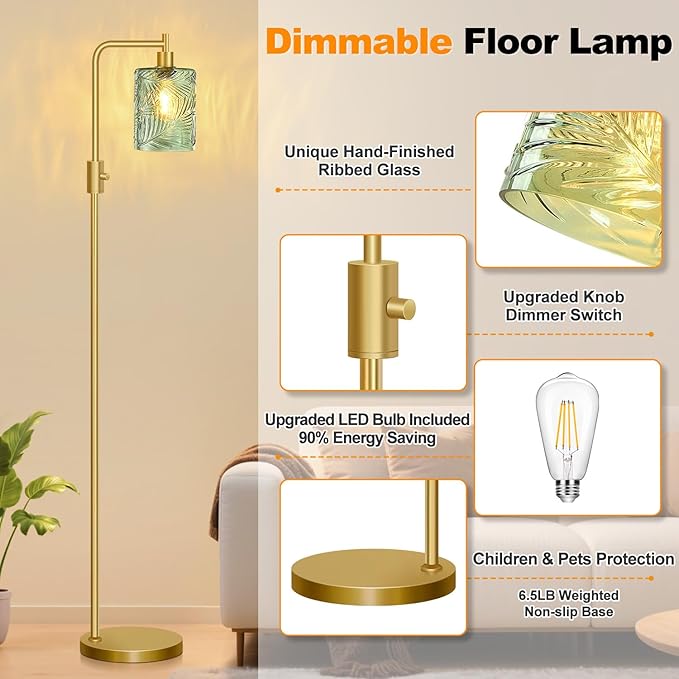 【Upgraded】 Dimmable Glass Floor Lamp for Living Room, Modern Gold Standing Lamp with Green Feather Glass Lampshade & Knob Dimmer, Arc Tall Lamp for Bedroom Office Reading Room, 2700K Led Bulb Included