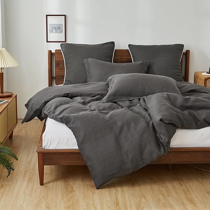 Simple&Opulence 100% Linen Pillow Case King Size Set of 2, Dark Grey Pillow Covers with Overlap Closure, Luxury Breathable Pillowcases Protectors Suitable for All-Season (20" X 36", Dark Grey)