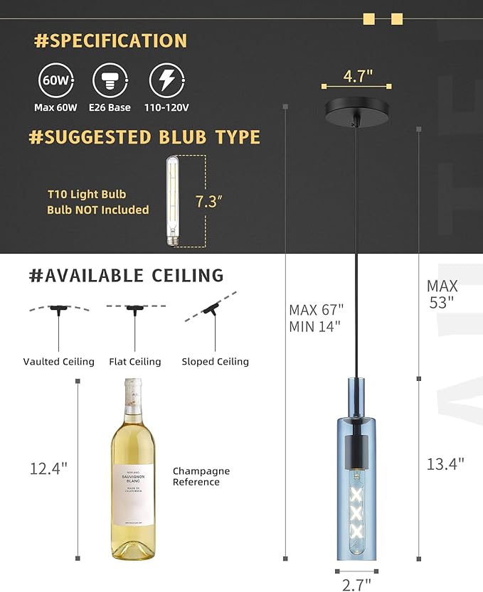 AUTELO Blue Pendant Lights, 1-Light Modern Pendant Lights Kitchen Island, Pendant Lighting with Navy Blue Glass, Linear Hanging Light in Metal Frame for Kitchen Island, Dining Room, H3875 BU