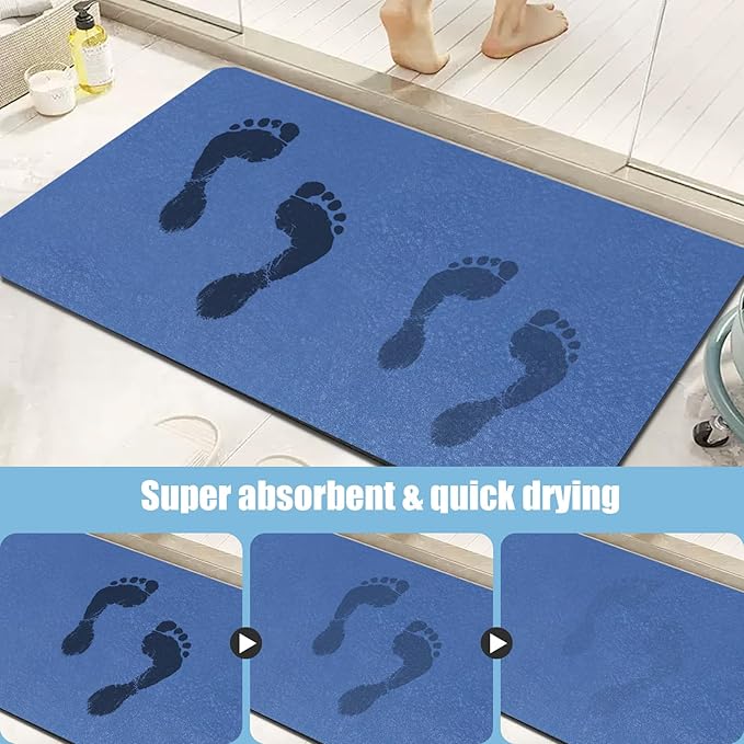 Diatomaceous Earth Bath mat Bathroom Rugs Super Absorbent Quick Dry Non Slip Bath Mat Thin Bathroom Floor Mats Fit Under Door-Shower Rug for in Front of Bathtub Shower, Blue, 15.7"*23.6"