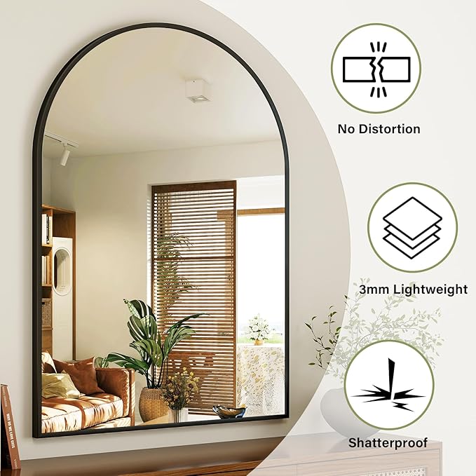 Arch Bathroom Mirror, 26x38 inch Arched Bathroom Mirror/Wall Mounted Vanity Mirror - Arch Metal Frame Wall Mirror for Bathroom Bedroom Living Room, Black
