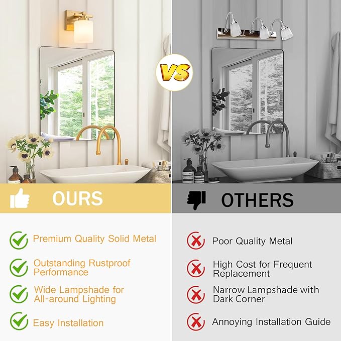 1 Light Modern Bathroom Light Fixtures Over Mirror, Brass Finish Vanity Lights for Bathroom Wall Sconces with Milky White Glass Shades, E26 Socket (Bulbs Not Included)