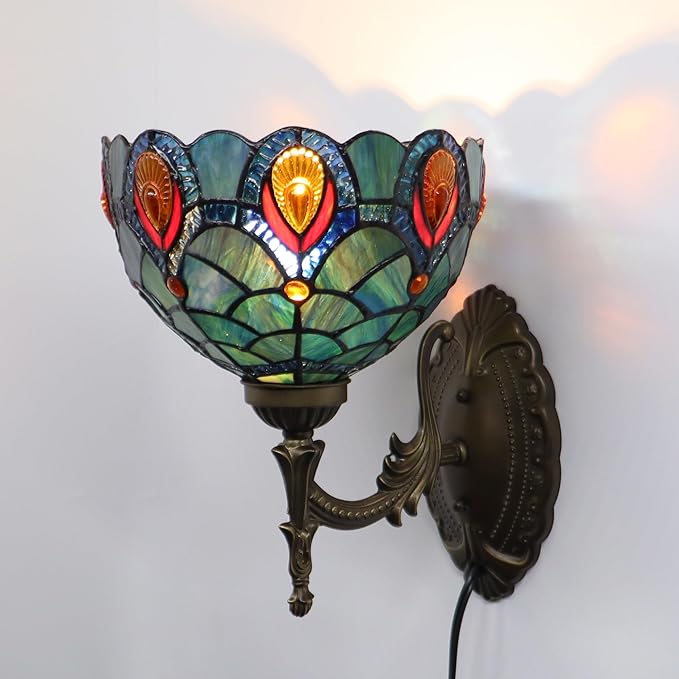 Tiffany Sconce Lamp Stained Glass Wall Lamp,8X10.5X11 Inch Plug in Wall Bedside Light for Hallway Bedroom (Brown Crystal)