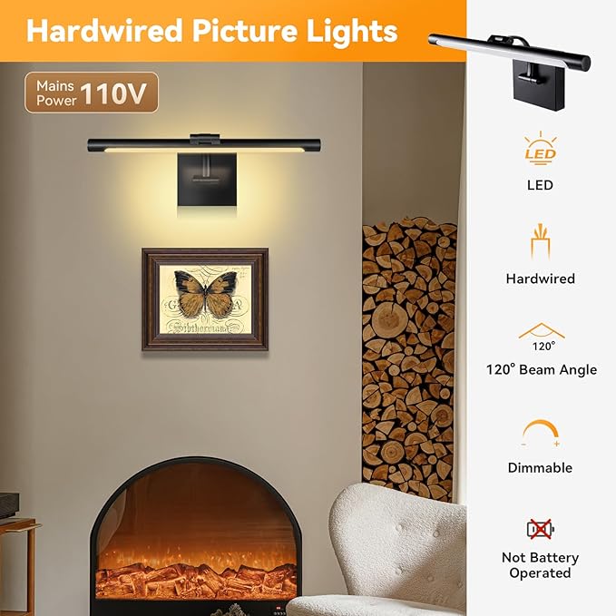 JO.KO 15.75 Inch LED Picture Lights for Wall Hardwired, Poster Art Gallery Light 10-100% Dimmable, 3000k Warm White Black Wall Sconces 7W CRI90 for Gallery Artwork, Paintings and Bathroom