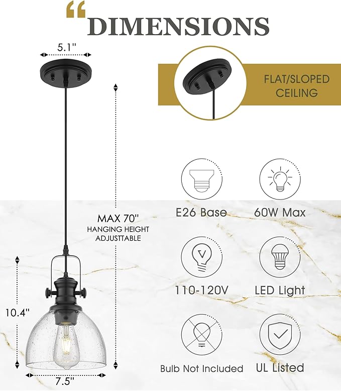 Black Pendant Lights Kitchen Island, 7.5" Farmhouse Pendant Lighting with Clear Seeded Glass Shade, Vintage Hanging Light Fixtures for Dining Room, AD-22151-1P-BK