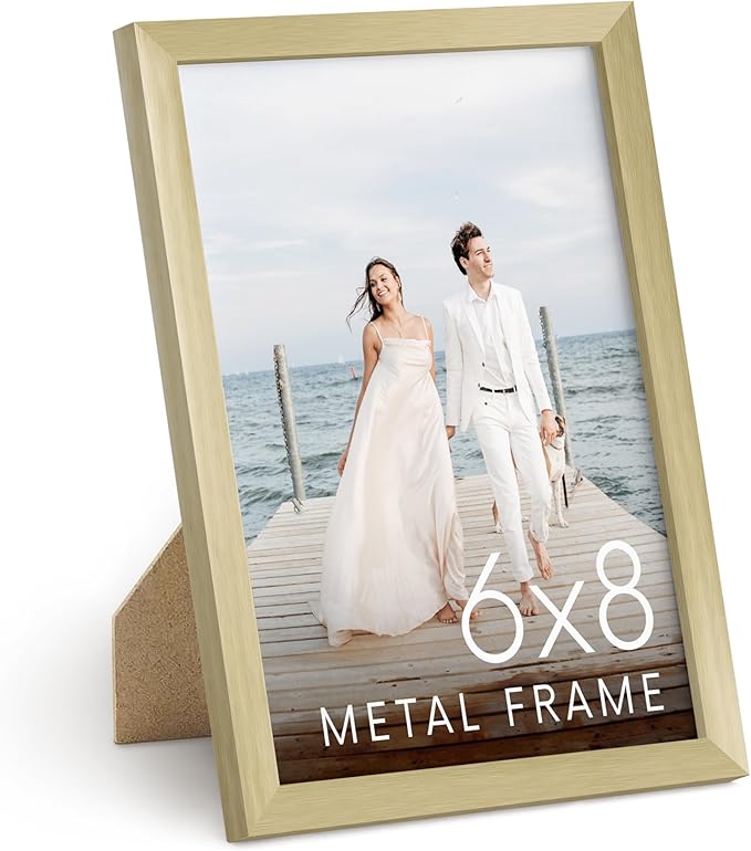 HAUS AND HUES 6x8 Gold Metal Picture Frame - Features Premium Aluminum, Vertical Hanging & Tabletop Display, Shatterproof Plexiglass - Ideal for Home, Office (6x8 in, Gold, Set of 1)