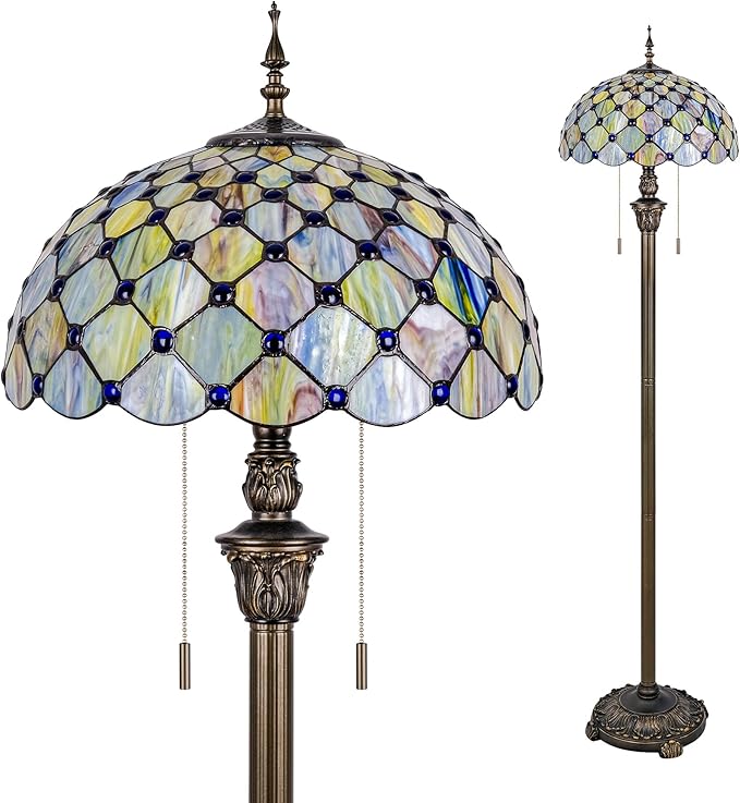 Tiffany Floor Lamp Stained Glass Pearls Beads Standing Reading Light 16x16x64 Inch Retro Inspired Pole Corner Lighting Art Decor for Bedroom Living Room Home Office (Gradient Green)