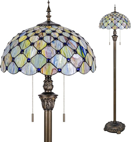 Tiffany Floor Lamp Stained Glass Pearls Beads Standing Reading Light 16x16x64 Inch Retro Inspired Pole Corner Lighting Art Decor for Bedroom Living Room Home Office (Gradient Green)