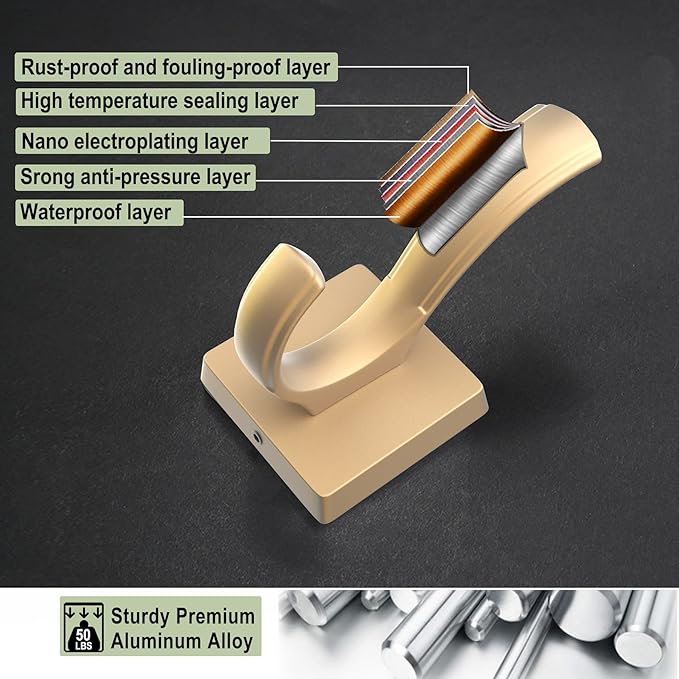 Gold Hooks for Wall Double Hooks, Heavy Duty Thick Bathroom Coat Hooks for Hanging Key Robe Hat Backpack, Wall Mount Hat Hooks Bath Towel Hooks(6 Pack, Gold)