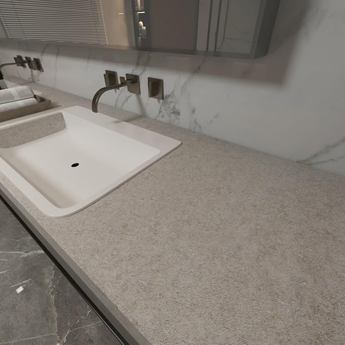 32"x354" Granite Countertops Contact Paper Peel and Stick Waterproof Beige Grey Granite Wallpaper Self-Adhesive Removable Vinyl Film Marble Countertops Wallpaper for Kitchen Bathroom Cabinets