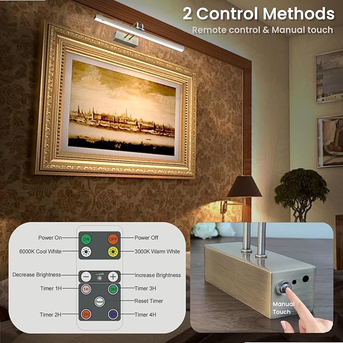 FUNCHDAY Wireless Picture Light, 2 Colors Wall Lights for Pictures Frame, 5000mAh Rechargeable Battery Art Lighting for Paintings, Dimming Timing Gallery Artwork Light (Antique Brass)