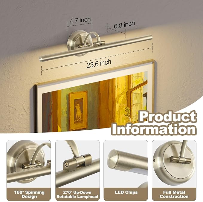 Hardwired Picture Light,24 Inch Dimmable Art Light for Paintings,14W,3000K Warm White,Antique Bronze Rotatable Picture Frame Lights for Wall Art,Gallery,Portrait,Dartboard,Mirror
