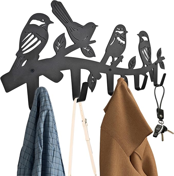Metal Bird Coat Hooks Wall Art Decor-Bird Hangers and Key Holder-Animal Theme Hooks Sweet Home Decor for Storage, Living Room, Hallway, Office (Black)