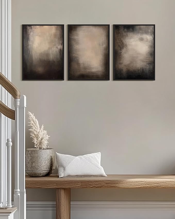 KUVIOKE Abstract Framed Wall Art Set Earthy in Deep Brown and Beige Tones Modern Art Decorative Home Decor 12x16in (Black Framed)