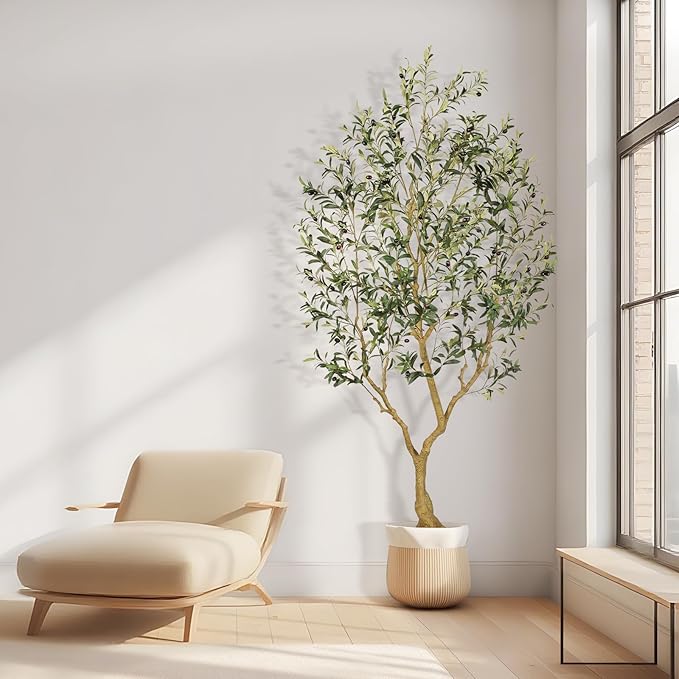 Faux Olive Tree 7FT, Olive Trees Artificial Indoor, Large Fake Tree with Realistic Leaves Branches and Lifelike Fruits for Home Office Living Room Decor