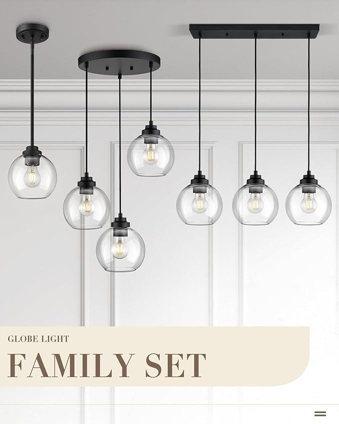 3-Light Black Pendant Light Fixture, Globe Cluster Hanging Light, Kitchen Island Lighting with Clear Glass for Dining Room Living Room Laundry Entrance Foyer, ZCPL101BK-3C