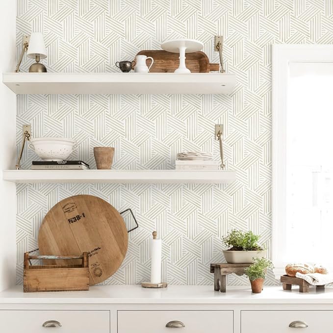 Ismoon 362"x17.3" Boho Wallpaper Modern Peel and Stick Wallpaper White Beige Geometric Contact Paper Neutral Line Removable Wall Paper Textured Hexagon Renter Friendly Kitchen Bathroom Vinyl Roll