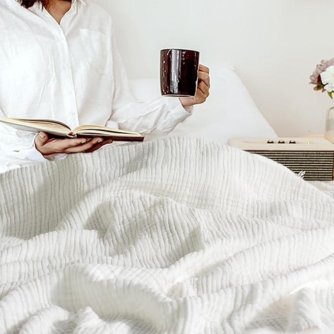 Carriediosa 100% Cotton Muslin Throw Blanket 108" X 90" King Size，4-Layers Summer Gauze Throws for Bed Couch，Soft Lightweight Breathable Linen Blankets Bedspread for Adults All Season，White