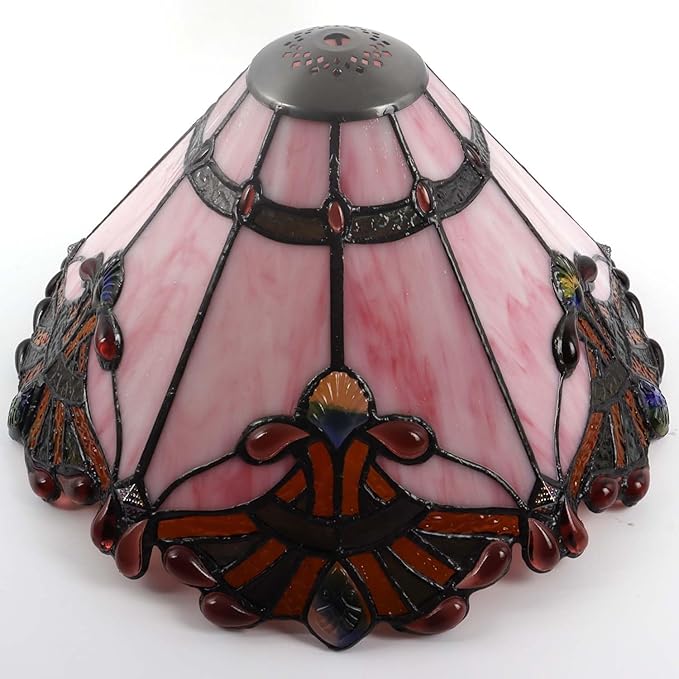 Bieye S10990 Tiffany Style Stained Glass Baroque Lampshade (13-inch Wide Pink)