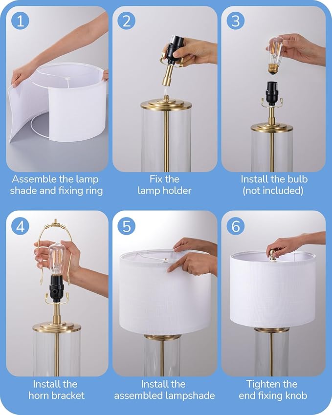 EDISHINE 23.6IN Glass Table Lamp DIY Fillable Base, White Linen Lampshade Table Lamp Set of 2, Tall Bedside Lamp for Living Room Bedrooms Bedside, Rotary Switch, UL Listed