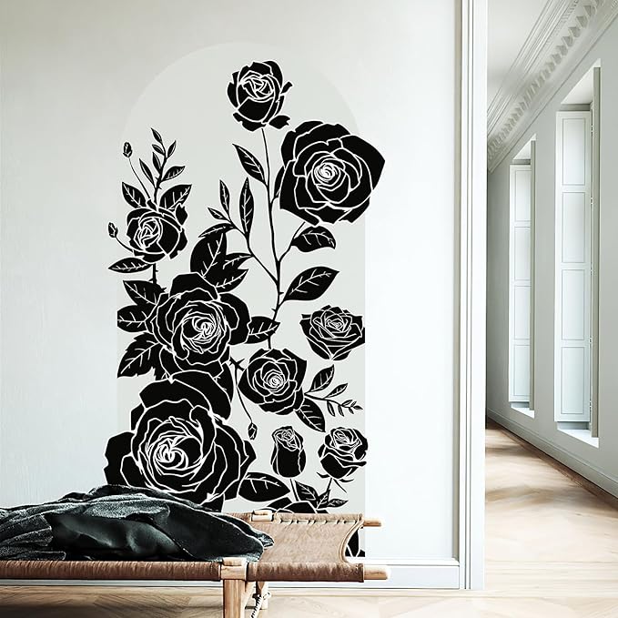 Large Arch Wall Decal Peel and Stick Black Rose Floral Accent Wall Stickers Self-Adhesive Modern Boho Floral Decal Vinyl Arch Wall Art for Headboard Living Room Bedroom Door Decor 63x 34.6IN