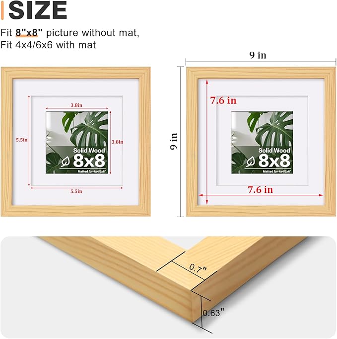 Egofine 8x8 Picture Frames Natural Wood Frames with Plexiglass, Display Pictures 4x4/6x6 with Mat or 8x8 Without Mat Set of 4 for Tabletop and Wall Mounting