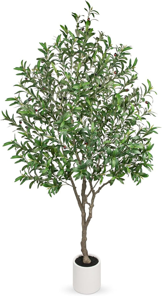 Hollyone Faux Olive Tree 7Feet Tall Fake Olive Tree 7FT with Pot Indoor Lifelike Wood Trunk and Fruits Large Potted Artificial Tree Plant with Tall Ceramics Pot Planter Housewarming Home Decor Gift