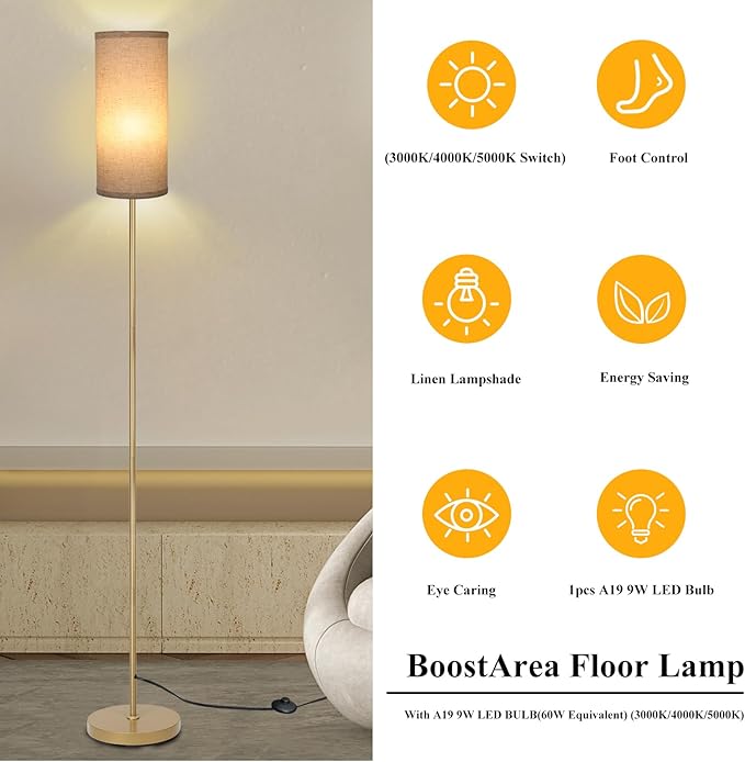 Boostarea Floor Lamp for Living Room with 3 Color Temperatures Bulb, Industrial Floor Lamps, Gold Classic Tall Lamp for Office, Standing Lamps for Bedroom, Kids Room, Reading(9W LED Bulb, Linen Shade)