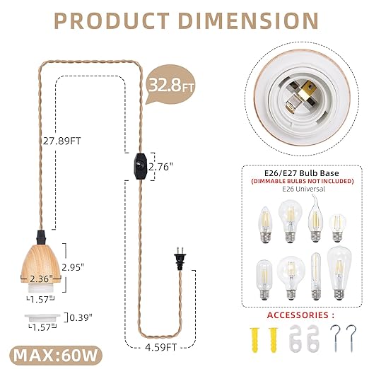 Arturesthome Pendant Light Cord - 32.8FT Hanging Light Kit with Dimmable Switch Vintage Lamp Cord with Twisted Nylon Pendant Lights Socket E26 E27 for Farmhouse Lamp Cable DIY