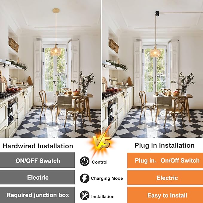 Plug in Pendant Light Hanging Light Fixture Corded On/Off Switch Brass Pendant Light with Amber Striped Glass Lampshade for Bedroom Living Room Kitchen Island