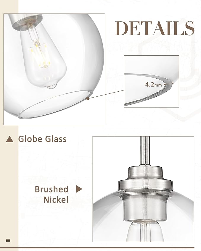 Globe Pendant Light Fixture, 8'' Modern Brushed Nickel Hanging Light with Clear Glass for Kitchen Island Dining Room Bedroom Hallway Foyer (1 Pack), PL101BN-L