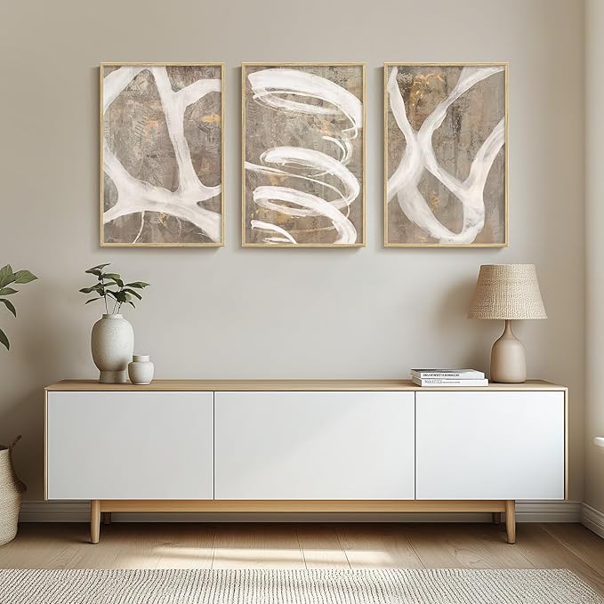Framed Neutral Brown and Beige Abstract Wall Art for Living Room, 3 Piece Modern Canvas Prints Artwork for Walls, Minimalist Lines for Hallway Kitchen Room Bedroom Office Wall Decor 16x24 Inch